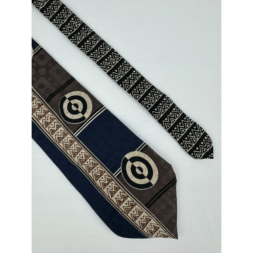 Vintage Oscar De La Renta Silk Tie Geometric Abstract Tan Blue Made In USA 4"
